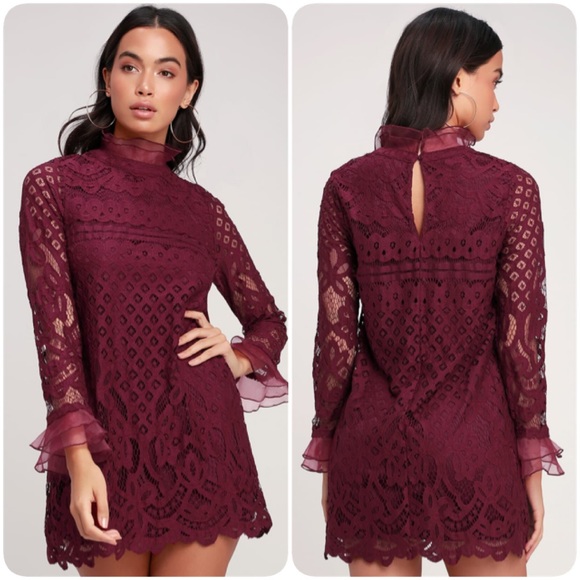 Lulus Dresses & Skirts - Lulus | Burgundy Lace Long Sleeve Shift Dress M